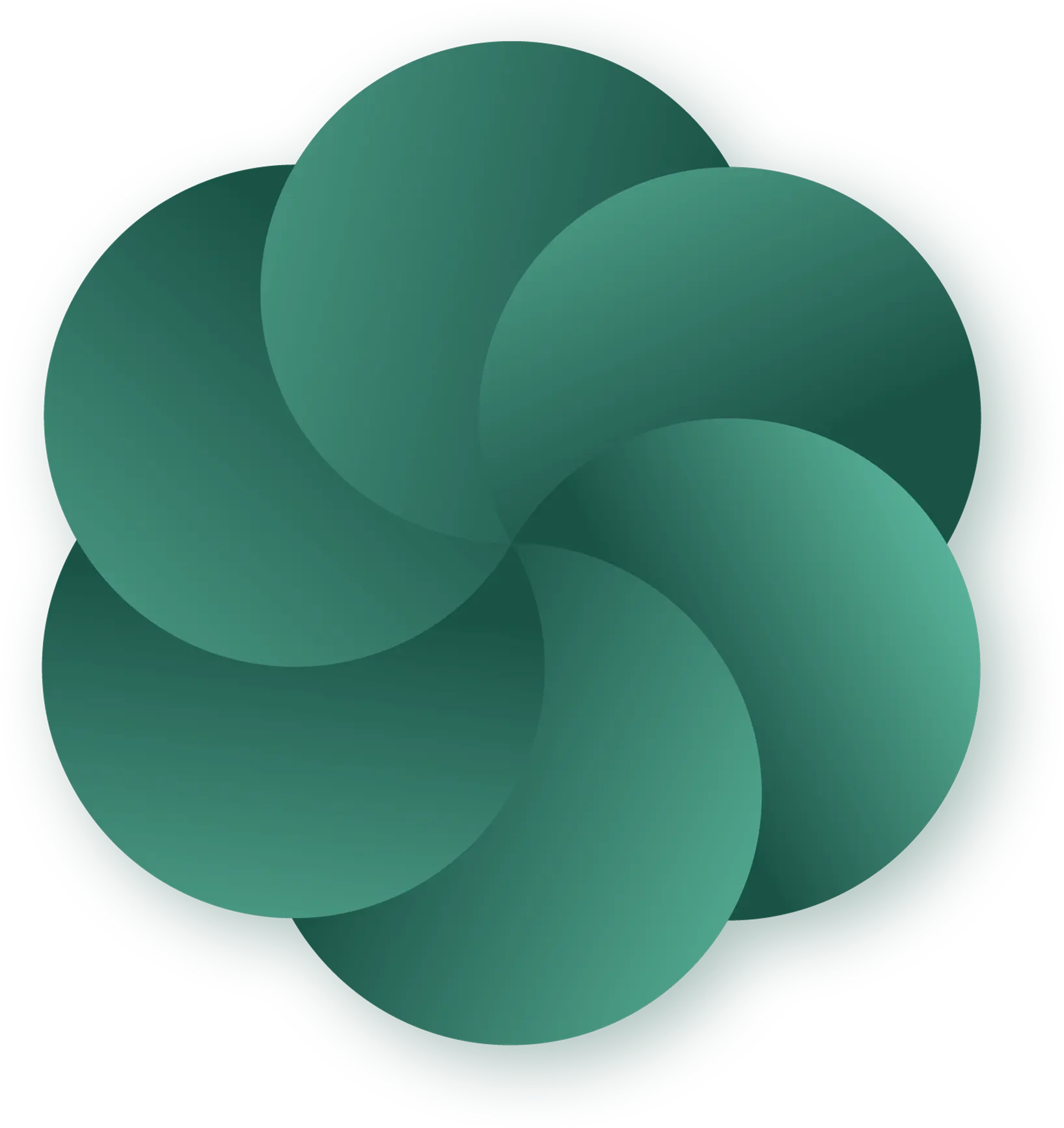 Abstract green circular swirl graphic with six overlapping shapes forming a rotating pinwheel pattern on a dark green background.